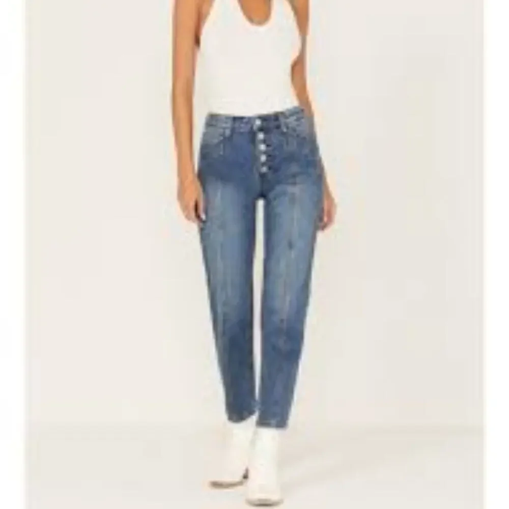Cleo + Wolf Women's High Rise Straight Dark Wash Button Fly Denim Jean Size 28 - Picture 2 of 13